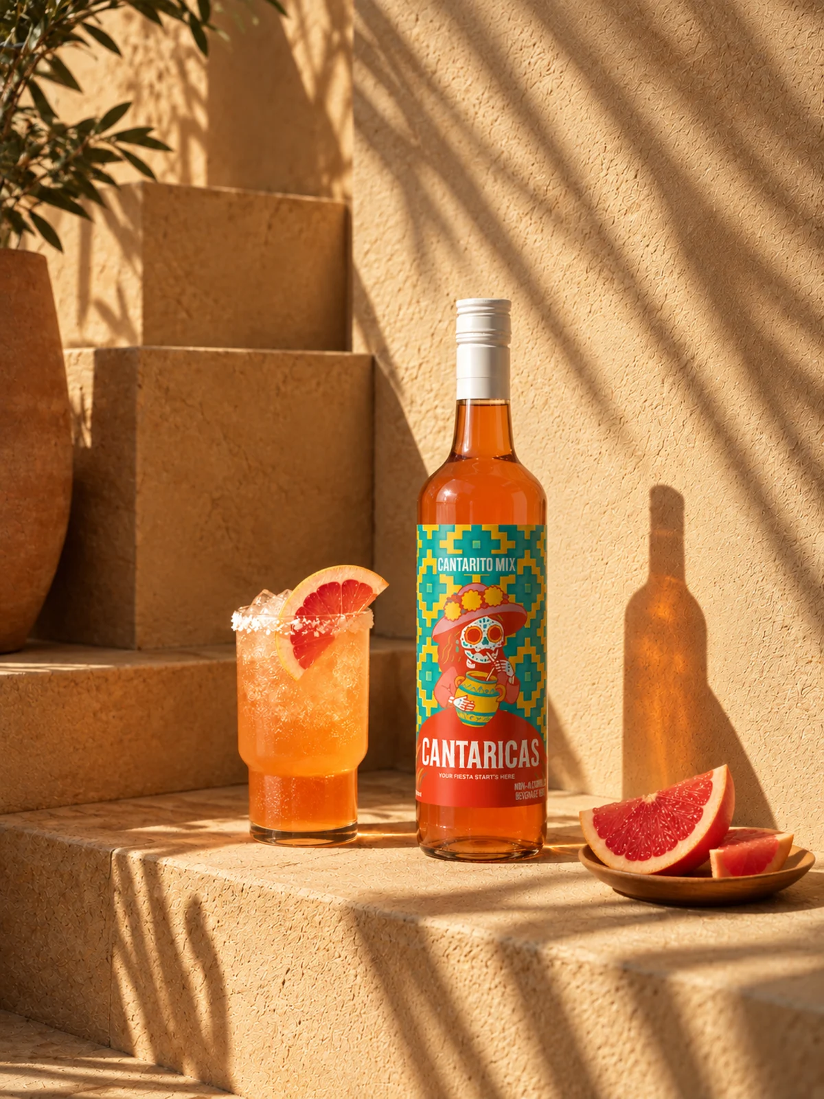Cantaricas bottle beside a served drink and grapefruit on sunlit stone steps